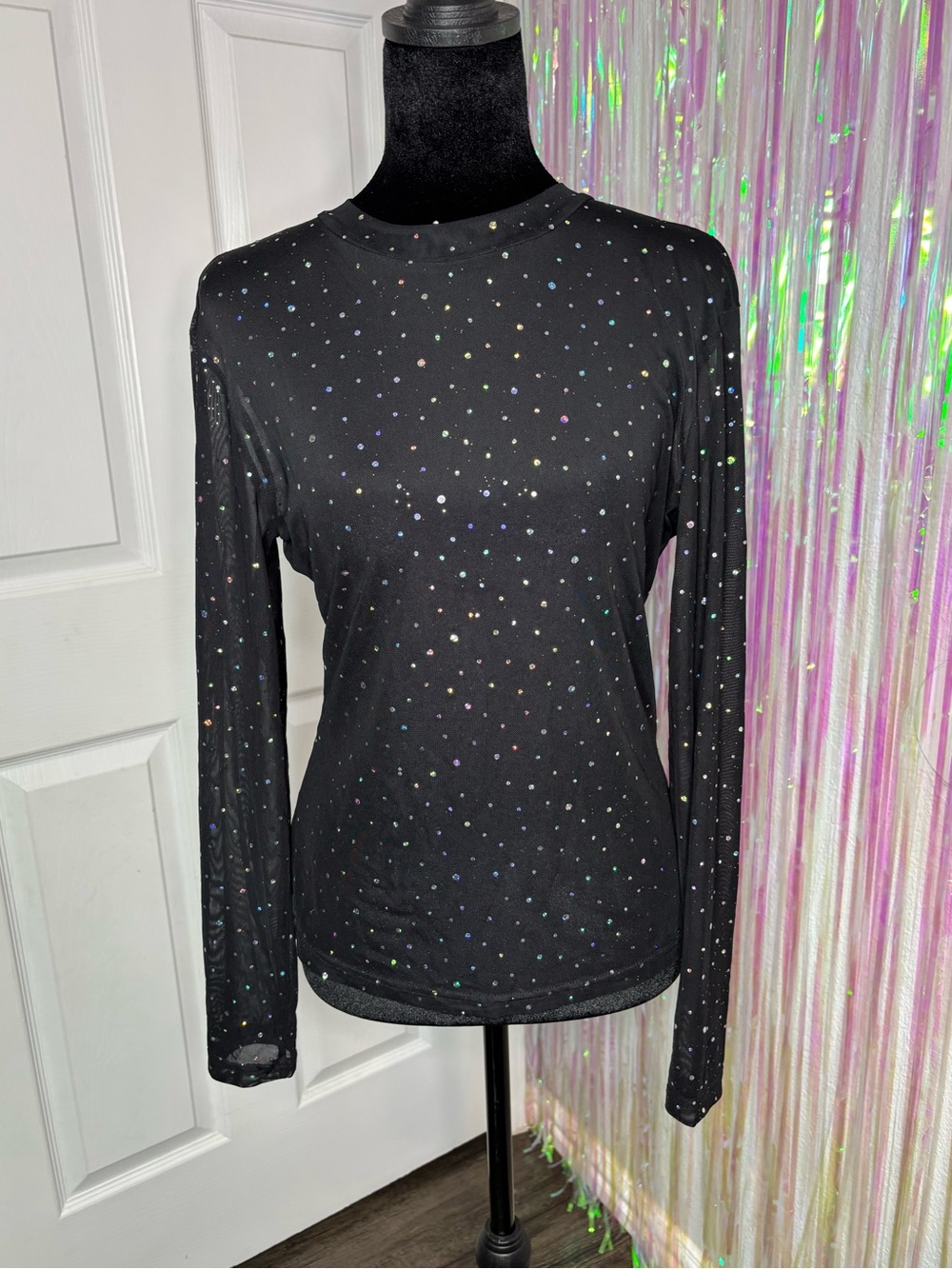 Iridescent Sequin Mesh Black Long-Sleeve Crewneck Top- SHEIN Festival Party Rave